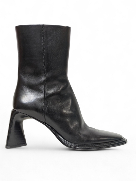 Alexander Wang Shoes - Wang Black Leather Square Toe Sculptural Flare Heel Ankle Boot Minimalist 10